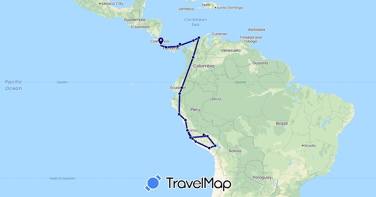TravelMap itinerary: driving in Colombia, Costa Rica, Ecuador, Panama, Peru (North America, South America)
